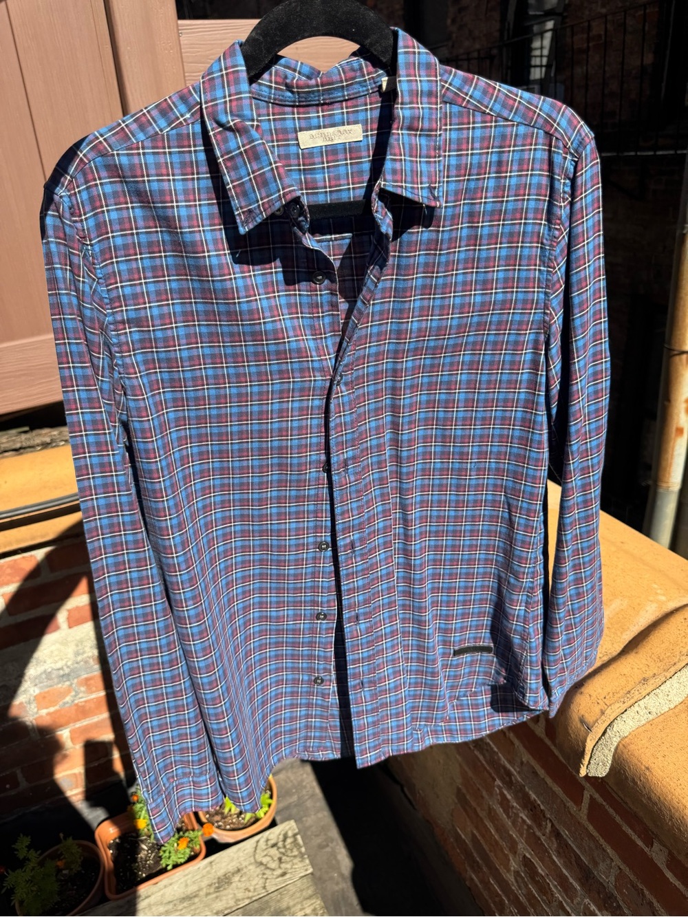 Burberry Blue and Red Plaid Button-Up Shirt